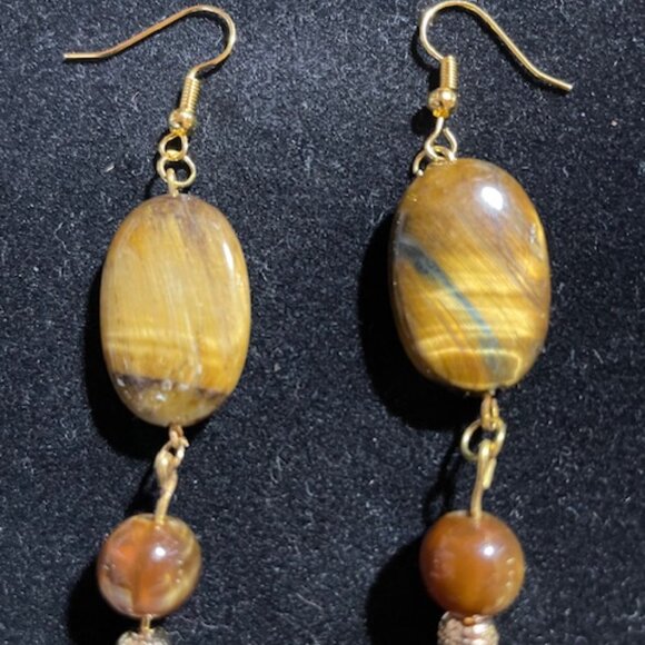 Handmade Tigers Eye Beaded Earrings. - Picture 2 of 2